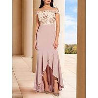A-lijn Moeder van de bruid jurk Bruiloft gast Elegant Schouderafhangend Asymmetrisch stretch chiffon Korte mouw met Borduurwerk Ruches 2023 Lightinthebox A-lijn Moeder van de bruid jurk Bruiloft gast Elegant Schouderafhangend Asymmetrisch stretch chiffon Korte mouw met Borduurwerk Ruches 2023 Lightinthebox