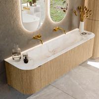 Badmeubel Mondiaz Kurve-Dlux | 170 cm | Meubelkleur Oak | Wastafelkleur Frappe | Solid surface | Midden spoelbak | Zonder kraangat(en)