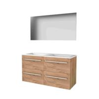 Basic-Line Basic 46 Badkamermeubelset - 120 x 46 cm - Met Grepen - 4 Lades - Acryl Wastafel - Zonder Kraangat - Spiegel - Whisky Oak