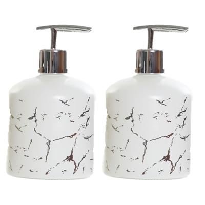 Items Zeeppompje/dispenser - 2x - glas - wit - 350 ml - navulbaar - 14 cm - badkamer/keuken