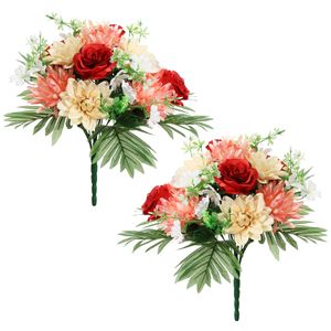 Kunstbloemen boeket roos/dahlia - 2x stuks - rood/zalm - H36 cm - Bloemstuk - Bladgroen