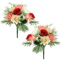 Kunstbloemen boeket roos/dahlia - 2x stuks - rood/zalm - H36 cm - Bloemstuk - Bladgroen - thumbnail