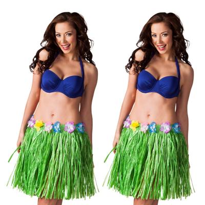 Hawaii verkleed rokje - 2x - voor volwassenen - groen - 45 cm - rieten hoela rokje - tropisch