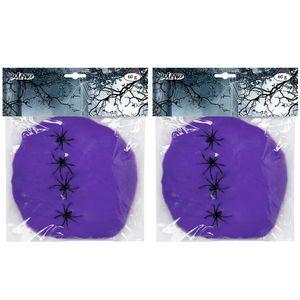 Decoratie spinnenweb/spinrag met spinnen - 2x - 60 gram - paars - Halloween/horror versiering