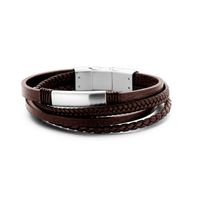 Frank 1967 7FB-0380 Armband staal/leder bruin 20 cm - thumbnail