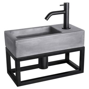 Differnz Ravo fonteinset beton donkergrijs - kraan gebogen - met handdoekrek - 38.5 x 18.5 x 9 cm - mat zwart