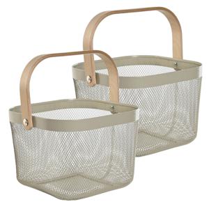 Draadmand/fruitschaal Maya - 2x - vierkant - taupe/beige - 26 x 26 x 18 cm - metaal/hout - keuken ma