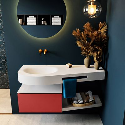 MONDIAZ RIVA 120cm badmeubel onderkast / planchet kleur Fire met 1 lade. Wastafel DULCET links 0 kraangaten kleur Talc.