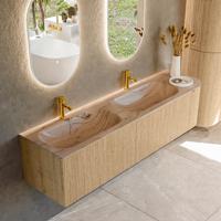 Badmeubel Mondiaz Kurve-Dlux | 175 cm | Meubelkleur Oak | Wastafelkleur Arena | Solid surface | Dubbel / Links spoelbak | 2 kraangaten