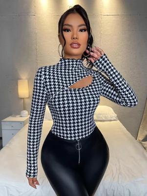 Houndstooth Cut Out Slim Tee - Black and White Long Sleeve Top Black and White / XS
