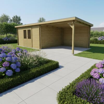 Classicline Blokhut Friesland vuren groen geïmpregneerd 400x300 cm + overkapping 300 cm- Lessenaarsdak- - Van Kooten Classicline Blokhut Friesland vuren groen geïmpregneerd 400x300 cm + overkapping 300 cm- Lessenaarsdak- - Van Kooten