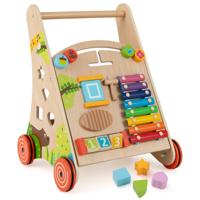 Houten Babyloopwagen Duwwagen met Handvat Leerzame Activiteitenloopwagen Zit-Sta Montessori Loopspeeltje voor Kinderen 3+