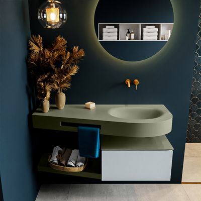 MONDIAZ RIVA 120cm badmeubel onderkast / planchet kleur Clay met 1 lade. Wastafel DULCET rechts 0 kraangaten kleur Army.