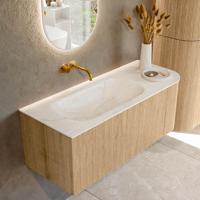 Mondiaz KURVE-DLUX 115 cm Onderkast Greeploos 1 Lade Met Deuren Oak, Wastafel Solid Surface Links Ostra 0 Kraangaten Zonder Spiegel (KRVBGS115R1L1D0KL-Oak/Ost)
