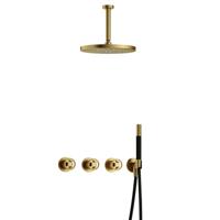 Hotbath Cobber - CW7067 - Inbouw Regendoucheset - Geborsteld Messing PVD - 2 Stopkranen - Thermostatisch - Plafondbuis 15 cm - Hoofddouche 300 mm - Ronde Handdouche - met M106 - Waterbesparend