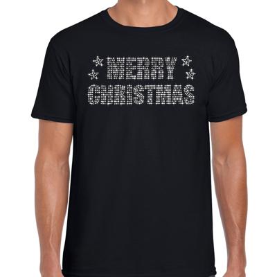 Glitter kersttrui t-shirt - zwart - voor heren - Merry Christmas - glitter steentjes