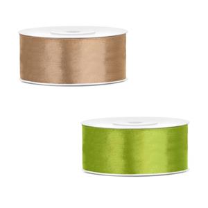 Bellatio decorations 2x rollen satijn cadeaulint/sierlint - 2.5 cm x 25 meter - groen en goud