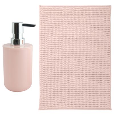 MSV badkamer droogloop mat - Milano - 40 x 60 cm - met bijpassende kleur zeeppompje - lichtroze