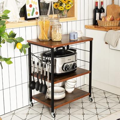 60 x 40 x 73,5 cm 3-Laags Bakkersrek Keukengerei Serveerwagen met 10 Afneembare Haken Metalen Frames met Vergrendelbare Wielen