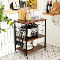 60 x 40 x 73,5 cm 3-Laags Bakkersrek Keukengerei Serveerwagen met 10 Afneembare Haken Metalen Frames met Vergrendelbare Wielen