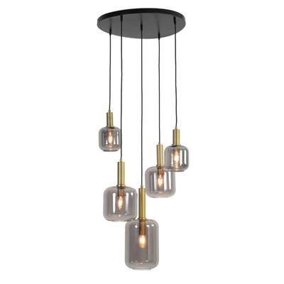 Hanglamp 5L Lekar antiek brons met smoke glas Rond