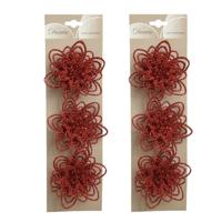Kerstboomversiering Bloemen - 6x stuks - 11 cm - rood glitter - op clip - ornament