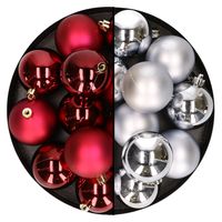 24x stuks kunststof kerstballen mix van donkerrood en zilver 6 cm - thumbnail