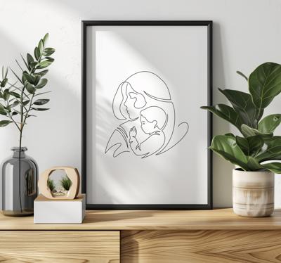 Moeder en zoon lijntekening poster woonkamer