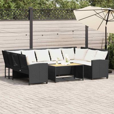 Tuinbank met kussens poly rattan zwart
