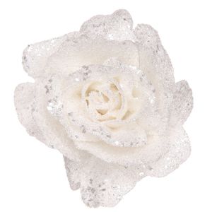 Witte decoratie rozen glitters op clip 10 cm   -