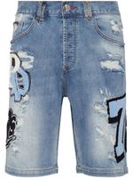 Philipp Plein patch-detail distressed denim shorts - Bleu