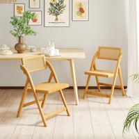 Set van 2 Klapstoelen Rotan Keukenstoel met 360 Graden Draaibare Rugleuning Eetkamerstoelen Inklapbaar Klapstoel van Bamboe