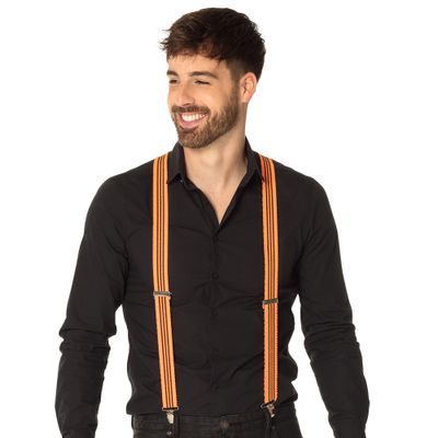 Carnaval verkleed bretels met ruches - oranje/zwart gestreept - volwassenen/heren/dames Carnaval verkleed bretels met ruches - oranje/zwart gestreept - volwassenen/heren/dames