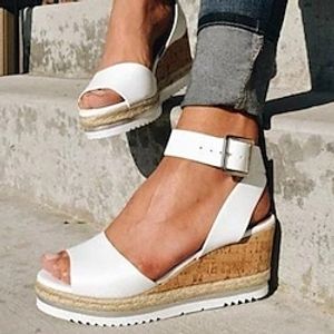 Damessandalen Sleehak sandalen Plateausandalen Corkys sandalen Dagelijks Effen Zomer Platform Enkelbandje Hak Peep Toe Casual Imitatieleer Gesp Enkelbandje Donkerbruin Zwart Wit Lightinthebox