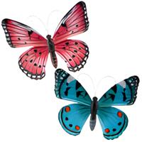 Wanddecoratie vlinders - 2x stuks - roze en aqua - 34 x 28 cm - metaal - muurdecoratie tuin