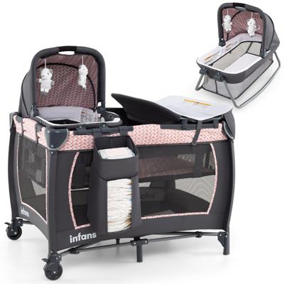 5-in-1 Reisbedje voor Baby's Opvouwbaar Babybedje met Aankleedtafel Babybox met Opbergmand & Draagtas Roze
