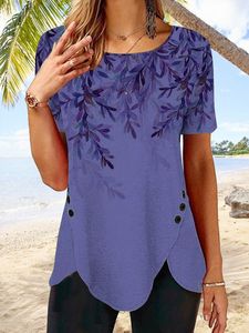 Button irregular hem gradient Flower Top T-shirt tunic