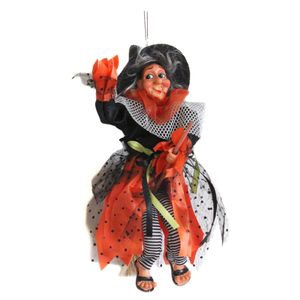 Halloween decoratie heksen pop op bezem - 25 cm - zwart/oranje