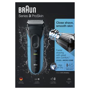 Braun Series 3 ProSkin 3010s Elektrisch Scheerapparaat, Zwart/Blauw - Oplaadbaar Scheerapparaat