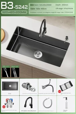 Luxe Waterval Keukenspoelbak - Zwart RVS | Enkelbak | Onderbouw | Inclusief Kraan & Zeepdispenser