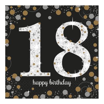 Servetten 18 jaar - 16x stuks - zwart - 33 x 33 cm - confetti - luxe - verjaardag