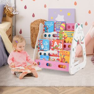 3-In-1 Kinderzitgroep & Tafel & Boekenkast met 3 Opbergdozen Incl. Kruk en Schilderaccessoires voor Kinderen van 1-5 Jaar Roze/Blauw/Groen