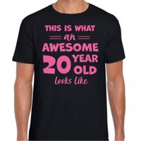 Cadeau T-shirt voor heren - leeftijd 20 jaar - awesome - zwart - glitter roze - Verjaardagsfeest