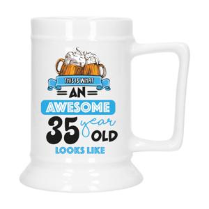 Cadeau Bierpul voor 35 jaar - blauw - grappige leeftijd bierpul - keramiek - 530 ml