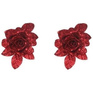 2x Kerstversieringen glitter roos rood op clip 15 cm   -