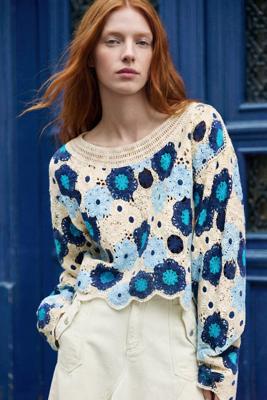 gehaakte trui met bloemen - BLUE - M