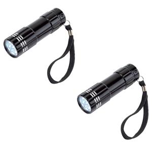 Kleine 9 LED krachtige pocket zaklamp - 6x stuks - zwart - 9 cm - met batterijen en koordje