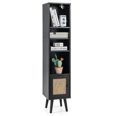 Rieten Hoge Kast Boekenrek met 4 Planken & Rieten Deur Commode Boho Stijl Zwart