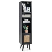 Rieten Hoge Kast Boekenrek met 4 Planken & Rieten Deur Commode Boho Stijl Zwart