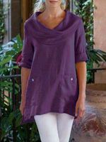 Pockets Long Sleeve Cowl Neck Cotton-Blend Shirt - thumbnail